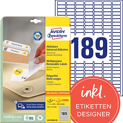 AVERY Zweckform L4731REV-25 Universal-Etiketten (4.725 plus 945 Klebeetiketten extra, 25,4x10mm auf A4, wieder rückstandsfrei ablösbar/abziehbar, bedruckbar, selbstklebende Aufkleber) 30 Blatt, weiß von AVERY Zweckform