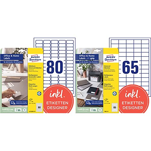 AVERY Zweckform L4732REV-10 Universal Etiketten, 10 Blatt, weiß & AVERY Zweckform 3666-10 Adressaufkleber (650 Klebeetiketten, 38x21,2 mm auf A4, bedruckbare Absenderetiketten) 10 Blatt, weiß von AVERY Zweckform