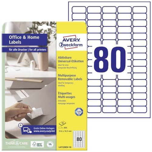AVERY Zweckform L4732REV-10 Universal Etiketten (800 Klebeetiketten, 35,6x16,9 mm auf A4, wieder rückstandsfrei ablösbar / abziehbar, individuell bedruckbare, selbstklebende Aufkleber) 10 Blatt, weiß von AVERY Zweckform