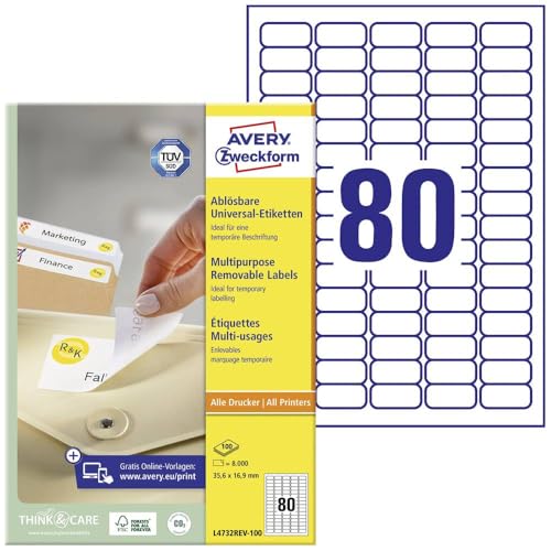 AVERY Zweckform L4732REV-100 Universal Etiketten (8.000 Klebeetiketten, 35,6x16,9mm auf A4, wieder rückstandsfrei ablösbar/abziehbar, individuell bedruckbare, selbstklebende Aufkleber) 100 Blatt, weiß von AVERY Zweckform