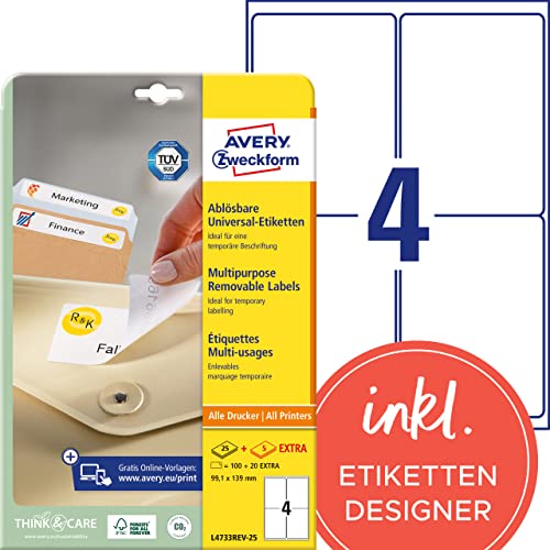 AVERY Zweckform L4733REV-25 Universal Etiketten (100 plus 20 Klebeetiketten extra, 99,1x139mm auf A4, wieder rückstandsfrei ablösbar/abziehbar, bedruckbar, selbstklebende Aufkleber) 30 Blatt, weiß von AVERY Zweckform