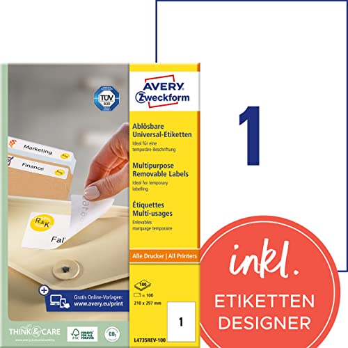 AVERY Zweckform L4735REV-100 Universal Etiketten (100 Klebeetiketten, 210x297mm auf A4, wieder rückstandsfrei ablösbar/abziehbar, individuell bedruckbare, selbstklebende Aufkleber) 100 Blatt, weiß von AVERY Zweckform