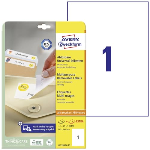 AVERY Zweckform L4735REV-25 Universal Etiketten (25 plus 5 Klebeetiketten extra, 210x297mm auf A4, wieder rückstandsfrei ablösbar/abziehbar, bedruckbar, selbstklebende Aufkleber) 30 Blatt, weiß von AVERY Zweckform