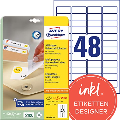 AVERY Zweckform L4736REV-25 Universal Etiketten (1.200 plus 240 Klebeetiketten extra, 45,7x21,2mm auf A4, wieder rückstandsfrei ablösbar/abziehbar, bedruckbar, selbstklebende Aufkleber) 30 Blatt, weiß von AVERY Zweckform