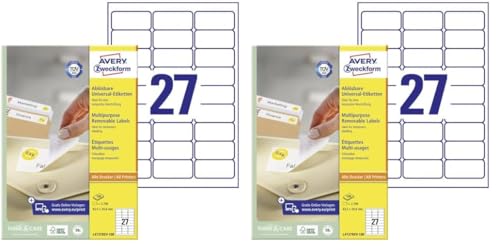 AVERY Zweckform L4737REV-100 Universal Etiketten (2.700 Klebeetiketten, 63,5x29,6mm auf A4, wieder rückstandsfrei ablösbar/abziehbar, individuell bedruckbare, selbstklebende Aufkleber) 100 Blatt, weiß von AVERY Zweckform
