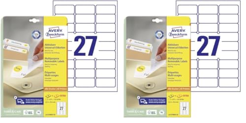 AVERY Zweckform L4737REV-25 Universal Etiketten (675 plus 135 Klebeetiketten extra, 63,5x29,6mm auf A4, wieder rückstandsfrei ablösbar/abziehbar, bedruckbar, selbstklebende Aufkleber) 30 Blatt, weiß von AVERY Zweckform