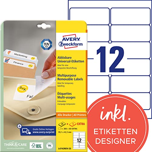 AVERY Zweckform L4743REV-25 Universal Etiketten (300 plus 60 Klebeetiketten extra, 99,1x42,3mm auf A4, wieder rückstandsfrei ablösbar/abziehbar, bedruckbar, selbstklebende Aufkleber) 30 Blatt, weiß von Avery