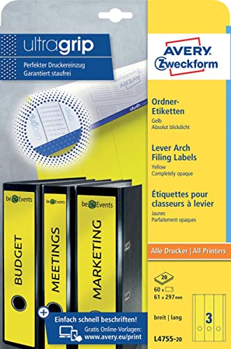 AVERY Zweckform L4755-20 Ordnerrücken Etiketten (60 Rückenschilder mit ultragrip, 61x297mm auf A4, breit/lang, selbstklebend, absolut blickdicht, bedruckbare Ordneretiketten) 20 Blatt, gelb von AVERY Zweckform