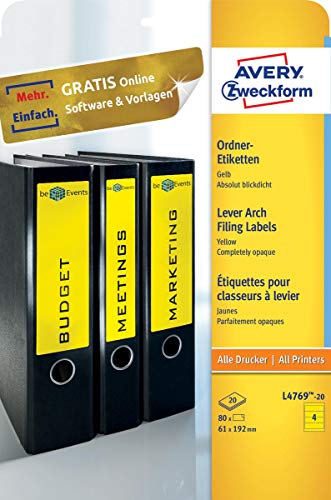 AVERY Zweckform L4769-20 Ordnerrücken Etiketten (80 Rückenschilder mit ultragrip, 61x192mm auf A4, breit/kurz, selbstklebend, absolut blickdicht, bedruckbare Ordneretiketten) 20 Blatt, gelb von AVERY Zweckform