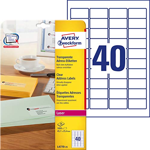 AVERY Zweckform L4770-25 Adressetiketten/Adressaufkleber (1.000 Etiketten, 45,7x25,4mm auf A4, bedruckbar, selbstklebend, für Absenderetiketten, durchsichtige Polyesterfolie) 25 Blatt, transparent von AVERY Zweckform