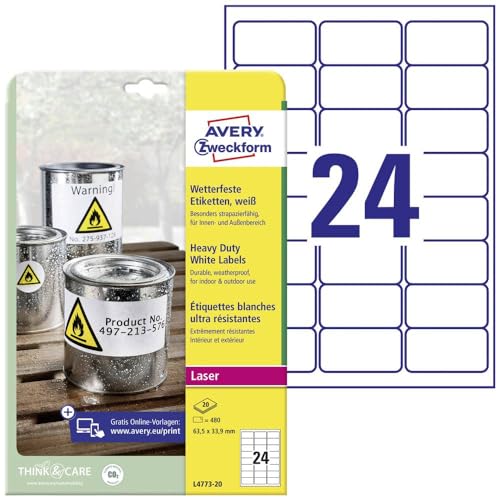 AVERY Zweckform L4773-20 Wetterfeste Folienetiketten (480 Klebeetiketten, 63,5x33,9mm auf A4, extrem stark selbstklebend, wasserfest, strapazierfähig, bedruckbare Outdoor Klebefolie) 20 Blatt, weiß von AVERY Zweckform