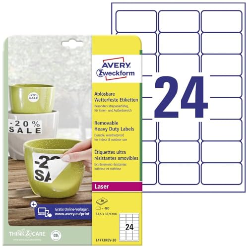 AVERY Zweckform L4773REV-20 Wetterfeste Folienetiketten (480 Aufkleber, 63,5x33,9mm auf A4, selbstklebend, wasserfest, wiederablösbar, strapazierfähig, bedruckbare Outdoor Klebefolie) 20 Blatt, weiß von AVERY Zweckform