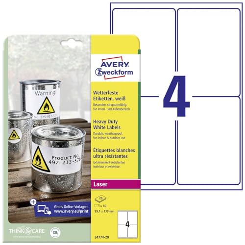 AVERY Zweckform L4774-20 Wetterfeste Folienetiketten (80 Klebeetiketten, 99,1x139mm auf A4, extrem stark selbstklebend, wasserfest, strapazierfähig, bedruckbare Outdoor Klebefolie) 20 Blatt, weiß von AVERY Zweckform