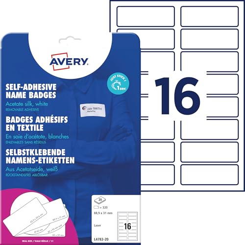 AVERY Zweckform L4783-20 Namensetiketten (320 Namensaufkleber, 88,9x31mm auf A4, selbstklebend, bedruckbare Textiletiketten aus Acetatseide für Laserdrucker, rückstandsfrei ablösbar) 20 Blatt, weiß von AVERY Zweckform