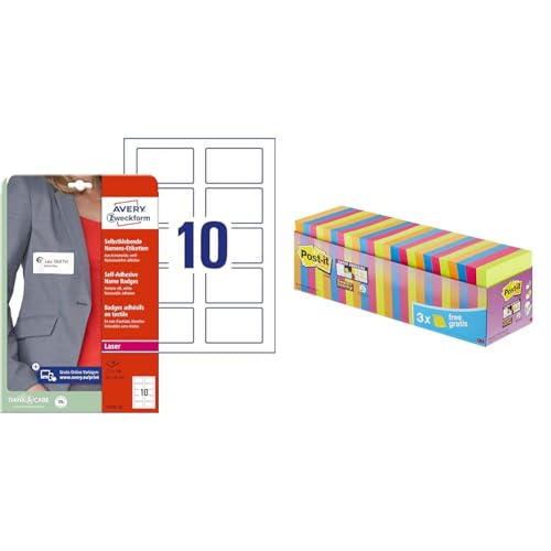 AVERY Zweckform L4785-20 Namensetiketten & Post-it Super Sticky Notes, Packung mit 24 Blöcken, 90 Blatt pro Block von AVERY Zweckform