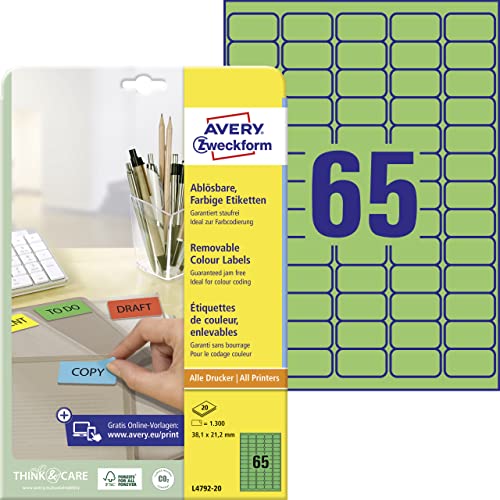 AVERY Zweckform L4792-20 Grüne Etiketten (1.300 Aufkleber, 38,1x21,2 mm auf A4, wieder rückstandsfrei ablösbar, selbstklebende Farbetiketten, Papier matt, bedruckbare, farbige Klebeetiketten) 20 Blatt von AVERY Zweckform