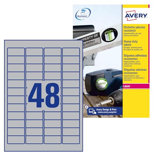 AVERY Zweckform L6009-20 Typenschild Folienetiketten (960 Aufkleber, 45,7x21,2mm auf A4, stark selbstklebend, strapazierfähig, wetterfest, bedruckbare Klebefolie, blanko) 20 Blatt, silber von AVERY Zweckform