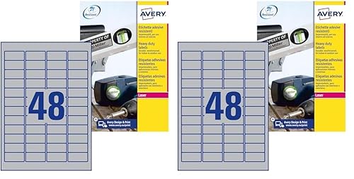 AVERY Zweckform L6009-20 Typenschild Folienetiketten (960 Aufkleber, 45,7x21,2mm auf A4, stark selbstklebend, strapazierfähig, wetterfest, bedruckbare Klebefolie, blanko) 20 Blatt, silber von AVERY Zweckform