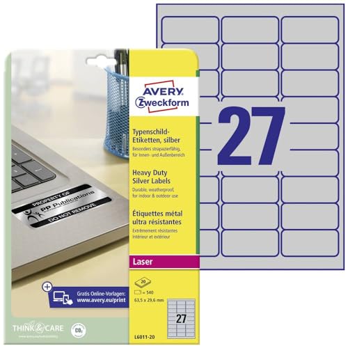 AVERY Zweckform L6011-20 Typenschild Folienetiketten (540 Aufkleber, 63,5x29,6mm auf A4, stark selbstklebend, strapazierfähig, wetterfest, bedruckbare Klebefolie, blanko) 20 Blatt, silber von AVERY Zweckform