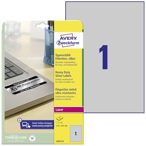 AVERY Zweckform L6013-8 Typenschild Folienetiketten (8 Aufkleber, 210x297mm auf A4, stark selbstklebend, strapazierfähig, wetterfest, bedruckbare Klebefolie, blanko) 8 Blatt, silber von AVERY Zweckform