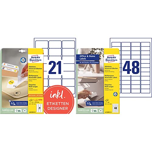 AVERY Zweckform L6023REV-25 Universal Etiketten, 30 Blatt, weiß & AVERY Zweckform L4736REV-10 Universal Etiketten (480 Klebeetiketten, 45,7x21,2 mm auf A4) 10 Blatt, weiß von AVERY Zweckform