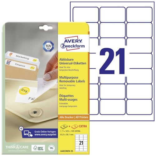 AVERY Zweckform L6023REV-25 Universal Etiketten (525 plus 105 Klebeetiketten extra, 63,5x38,1mm auf A4, wieder rückstandsfrei ablösbar/abziehbar, bedruckbar, selbstklebende Aufkleber) 30 Blatt, weiß von AVERY Zweckform