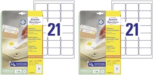 AVERY Zweckform L6023REV-25 Universal Etiketten (525 plus 105 Klebeetiketten extra, 63,5x38,1mm auf A4, wieder rückstandsfrei ablösbar/abziehbar, bedruckbar, selbstklebende Aufkleber) 30 Blatt, weiß von AVERY Zweckform
