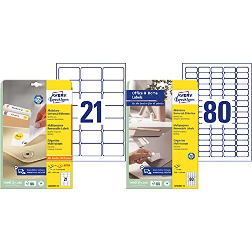 AVERY Zweckform L6023REV-25 Universal Etiketten 30 Blatt, weiß & L4732REV-10 Universal Etiketten (800 Klebeetiketten, 35,6x16,9 mm auf A4, wieder rückstandsfrei ablösbar/abziehbar) 10 Blatt, weiß von AVERY Zweckform