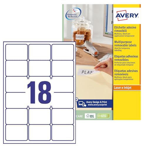 AVERY Zweckform L6025REV-25 Universal Etiketten (450 plus 90 Klebeetiketten extra, 63,5x46,6mm auf A4, wieder rückstandsfrei ablösbar/abziehbar, bedruckbar, selbstklebende Aufkleber) 30 Blatt, weiß von AVERY Zweckform