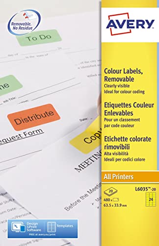 AVERY Zweckform L6035-20 Gelbe Etiketten (480 Aufkleber, 63,5x33,9mm auf A4, wieder rückstandsfrei ablösbar, selbstklebende Farbetiketten, Papier matt, bedruckbare, farbige Klebeetiketten) 20 Blatt von AVERY Zweckform