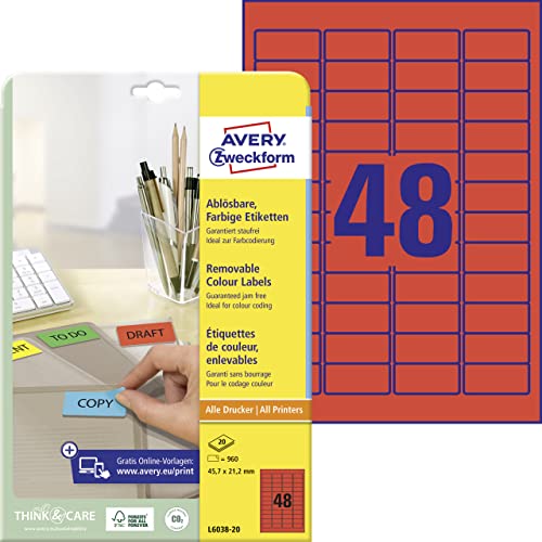 AVERY Zweckform L6038-20 Rote Etiketten (960 Aufkleber, 45,7x21,2mm auf A4, wieder rückstandsfrei ablösbar, selbstklebende Farbetiketten, Papier matt, bedruckbare, farbige Klebeetiketten) 20 Blatt von AVERY Zweckform