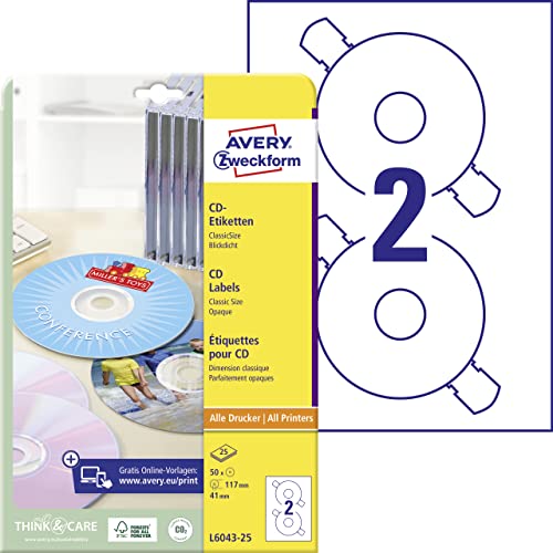 AVERY Zweckform L6043-25 selbstklebende CD-Etiketten (50 blickdichte CD-Aufkleber, Ø117mm auf A4, ClassicSize, Papier matt, bedruckbare Klebeetiketten für alle A4-Drucker) 25 Blatt, weiß von AVERY Zweckform