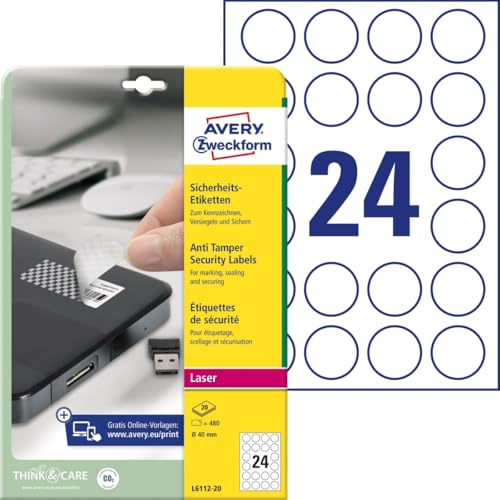 AVERY Zweckform L6112-20 Sicherheitsetiketten (480 Folienaufkleber, Ø40mm auf A4, stark selbstklebend, fälschungs-/manipulationssicher Sicherheitsfolie, bedruckbare Klebefolie) 20 Blatt, weiß von AVERY Zweckform