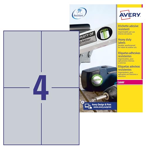 AVERY Zweckform L6134-20 Typenschild Folienetiketten (80 Aufkleber, 105x148mm auf A4, stark selbstklebend, strapazierfähig, wetterfest, bedruckbare Klebefolie, blanko) 20 Blatt, silber von AVERY Zweckform
