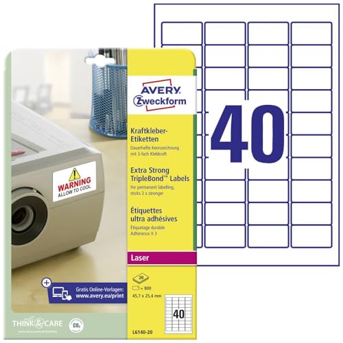AVERY Zweckform L6140-20 Kraftkleber Etiketten (800 Aufkleber, 45,7x25,4mm auf A4, extrem stark selbstklebend, permanent haftend, bedruckbare Klebefolie für kritische Bedingungen) 20 Blatt, weiß von AVERY Zweckform