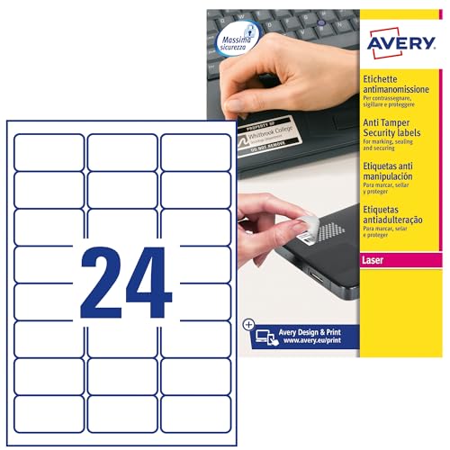 AVERY Zweckform L6146-20 Abziehsichere Folienetiketten (480 Aufkleber, 63,5x33,9mm auf A4, extrem stark selbstklebend, manipulationssicher, wasserfest, bedruckbare Klebefolie) 20 Blatt, weiß von AVERY Zweckform