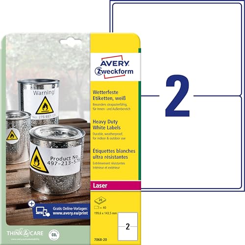 AVERY Zweckform L7068-20 Wetterfeste Folienetiketten (40 Klebeetiketten, 199,6x143,5mm auf A4, extrem stark selbstklebend, wasserfest, strapazierfähig, bedruckbare Outdoor Klebefolie) 20 Blatt, weiß von AVERY Zweckform