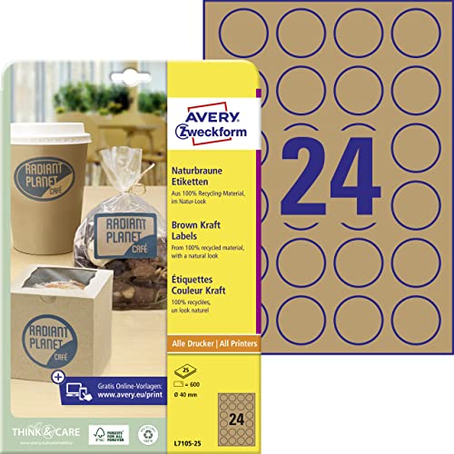 AVERY Zweckform L7105-25 Kraftpapier Etiketten (600 Aufkleber zum Bedrucken, Ø40mm auf A4, selbstklebend, runde Recycling Etiketten, nachhaltige Produktaufkleber) 25 Blatt, naturbraun von AVERY Zweckform