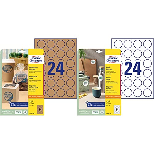 AVERY Zweckform L7105-25 Kraftpapier Etiketten (600 Aufkleber zum Bedrucken, Ø40mm auf A4, selbstklebend) 25 Blatt, naturbraun & Runde Etiketten L3415-10 (240 Aufkleber auf 10 Blatt) weiß von AVERY Zweckform