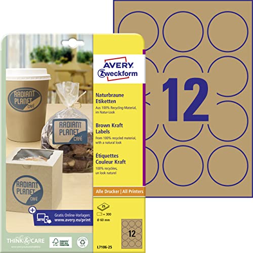 AVERY Zweckform L7106-25 Kraftpapier Etiketten (300 Aufkleber zum Bedrucken, Ø60 mm auf A4, selbstklebend, runde Recycling Etiketten, nachhaltige Produktaufkleber) 25 Blatt, naturbraun von AVERY Zweckform