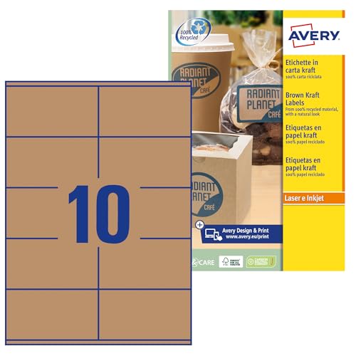 AVERY Zweckform L7108-25 Kraftpapier Etiketten (250 Aufkleber zum Bedrucken, 105x57mm auf A4, selbstklebend, rechteckige Recycling Etiketten, nachhaltige Produktaufkleber) 25 Blatt, naturbraun von AVERY Zweckform