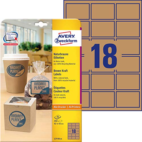 AVERY Zweckform L7110-25 Kraftpapier Etiketten (450 Aufkleber zum Bedrucken, 62x42mm auf A4, selbstklebend, rechteckige Recycling Etiketten, nachhaltige Produktaufkleber) 25 Blatt, naturbraun von AVERY Zweckform