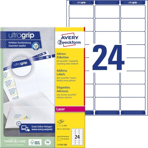 AVERY Zweckform L7159-100 Adressetiketten/Adressaufkleber (2.400 Etiketten mit ultragrip, 63,5x33,9mm auf A4, bedruckbar, selbstklebend, für DIN B6/C6 Briefkuverts, Papier matt) 100 Blatt, weiß von AVERY Zweckform