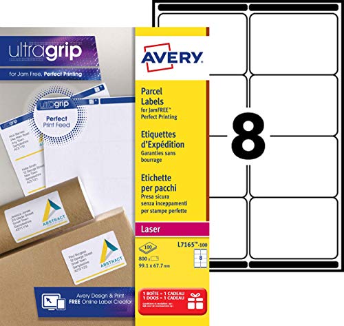 AVERY Zweckform L7165-100 Versandetiketten/Versandaufkleber (800 Etiketten mit ultragrip, 99,1x67,7mm auf A4, bedruckbar, selbstklebend, für DIN B4/C4 Umschläge und Versandrollen) 100 Blatt, weiß von AVERY Zweckform