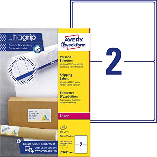 AVERY Zweckform L7168-100 Versandetiketten/Versandaufkleber (200 Etiketten mit ultragrip, 199,6x143,5mm auf A4, bedruckbar, selbstklebend, für mittlere, große Pakete und Versandrollen) 100 Blatt, weiß von AVERY Zweckform