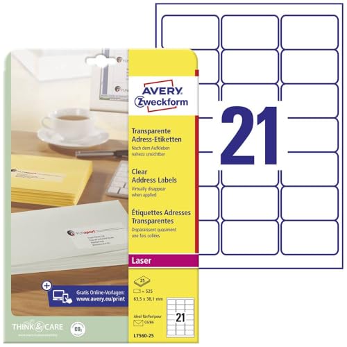 AVERY Zweckform L7560-25 Adressetiketten/Adressaufkleber (525 Etiketten, 63,5x38,1mm auf A4, bedruckbar, selbstklebend, für DIN B6/C6 Briefkuverts + Deutsche Post INTERNETMARKE) 25 Blatt, transparent von AVERY Zweckform