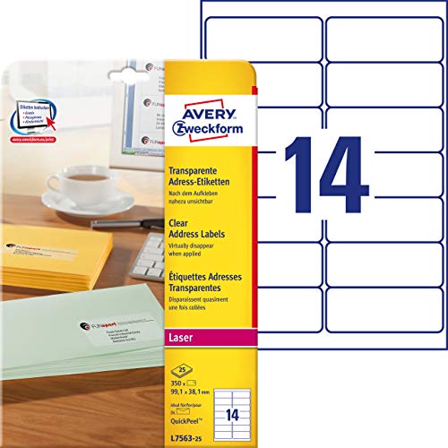 AVERY Zweckform L7563-25 Adressetiketten/Adressaufkleber (350 Etiketten, 99,1x38,1mm auf A4, bedruckbar, selbstklebend, für DIN lang Briefkuverts, durchsichtige Polyesterfolie) 25 Blatt, transparent von AVERY Zweckform