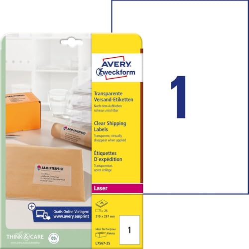 AVERY Zweckform L7567-25 Versandetiketten/ Versandaufkleber (25 Etiketten, 210 x 297mm auf A4, bedruckbar, selbstklebend, für Pakete, Päckchen und Versandrollen) 25 Blatt, transparent von AVERY Zweckform