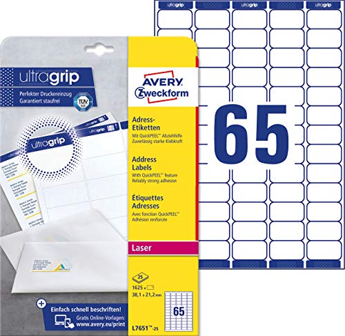 AVERY Zweckform L7651-25 Adressetiketten/Adressaufkleber (1.625 Etiketten mit ultragrip, 38,1x21,2mm auf A4, bedruckbar, selbstklebend, für Absenderetiketten, Papier matt) 25 Blatt, weiß von AVERY Zweckform