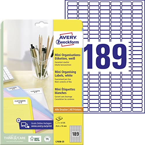 AVERY Zweckform L7658-25 mini Organisationsetiketten (4.750 Aufkleber, 25,4x10mm auf A4, selbstklebende Vielzweck Etiketten, bedruckbar, Klebeetiketten zum Organisieren/Kennzeichnen) 25 Blatt, weiß von AVERY Zweckform